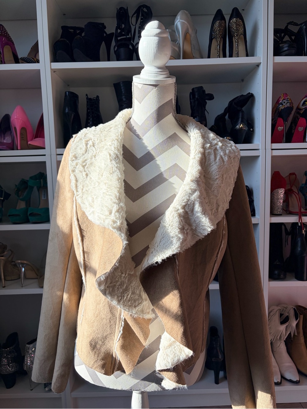 Jou Jou Tan Faux-Suede Teddy Jacket with Cream Sherpa Collar